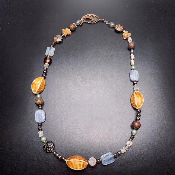 Beaded Necklace Gemstone Shell Glass Wooden Pearl Boho Copper Leaf Toggle - Picture 10 of 10